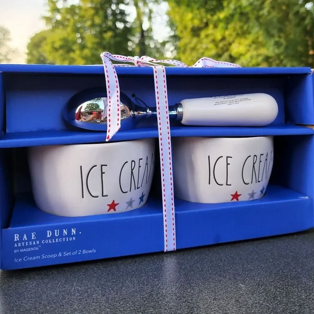 Rae Dunn Ice Cream Scoop And Two Ceramic Bowls Set of 3pcs Patriotic Celebration